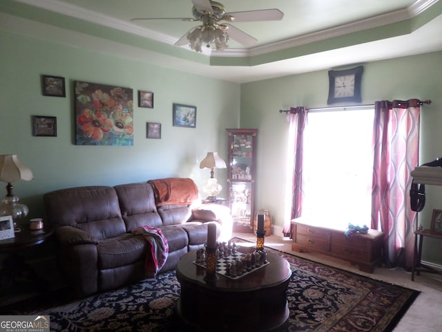 living room with carpet, ceiling fan, ornamental molding, and a tray ceiling