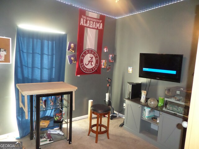 interior space featuring light colored carpet