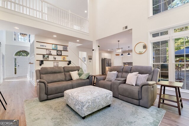 living room featuring hardwood / wood-style floors and a high ceiling