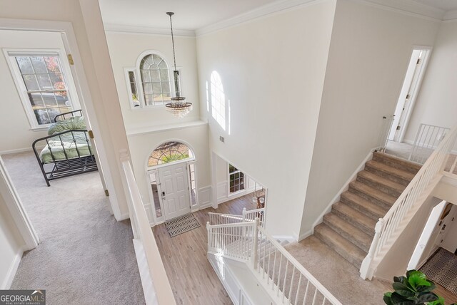 stairway with a high ceiling, hardwood / wood-style flooring, an inviting chandelier, and crown molding