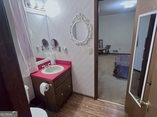 bathroom with vanity, wood finished floors, baseboards, visible vents, and a textured ceiling