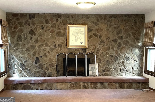 details featuring a textured ceiling, carpet, and a fireplace with raised hearth