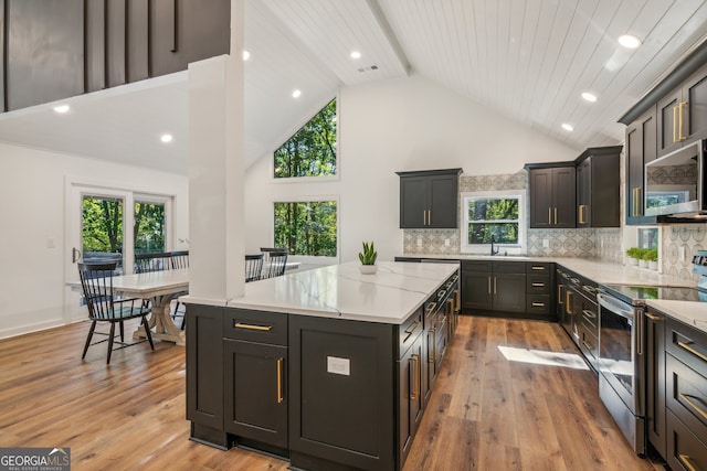 kitchen with light hardwood / wood-style floors, high vaulted ceiling, a kitchen island, and appliances with stainless steel finishes