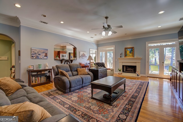 living room with french doors, a healthy amount of sunlight, and light wood-type flooring