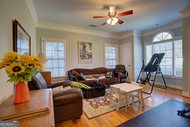 living room with ceiling fan, crown molding, a wealth of natural light, and light wood-type flooring