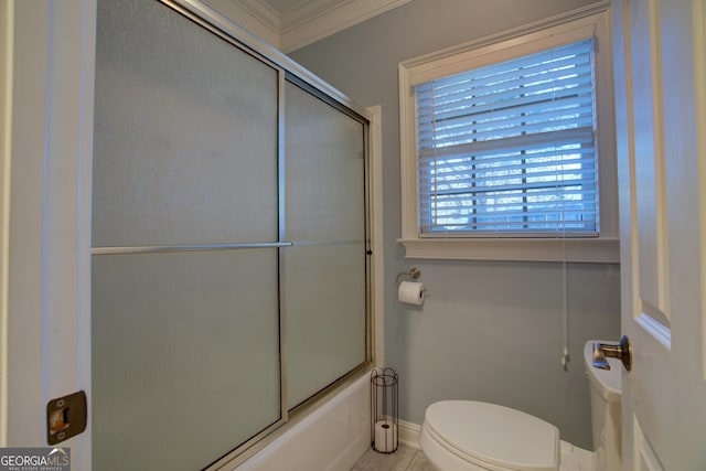 4 Bridgeview Dr SE, Rome, GA 30161 - bathroom with crown molding, tile patterned flooring, toilet, baseboards, and combined bath / shower with glass door