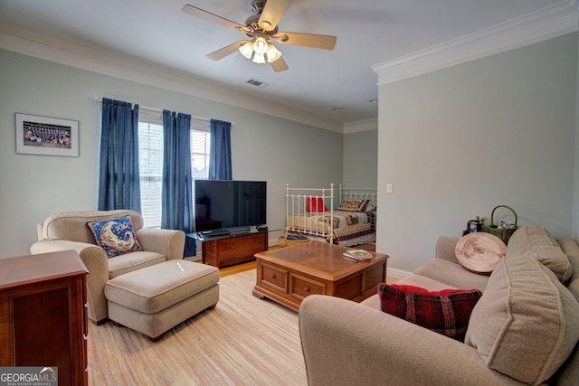 4 Bridgeview Dr SE, Rome, GA 30161 - living room featuring crown molding, a ceiling fan, and visible vents