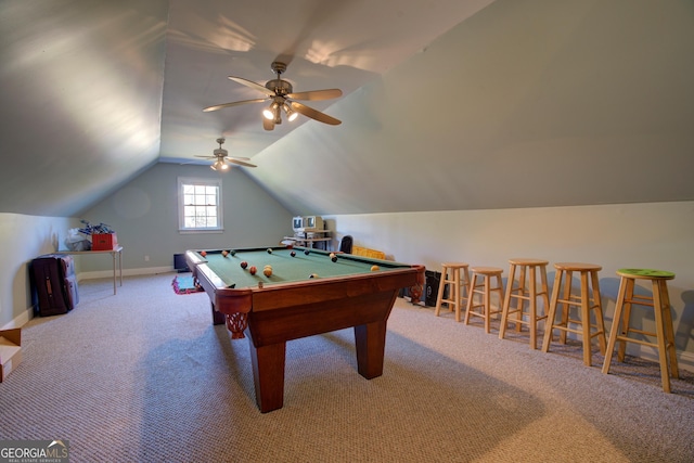 4 Bridgeview Dr SE, Rome, GA 30161 - playroom featuring baseboards, pool table, a ceiling fan, carpet, and vaulted ceiling