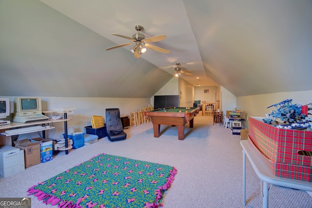 recreation room with vaulted ceiling, carpet flooring, billiards, and ceiling fan