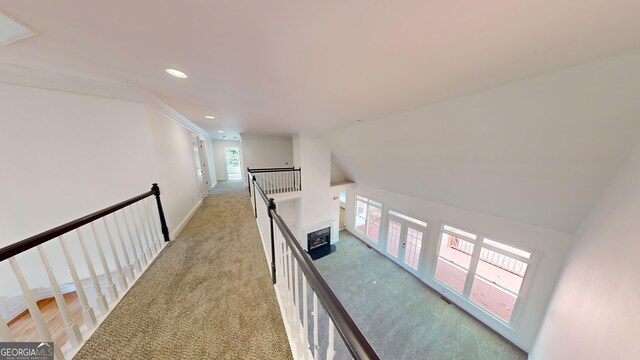 15 Greenridge Way, Newnan, GA 30265 - corridor featuring recessed lighting, carpet, vaulted ceiling, and an upstairs landing