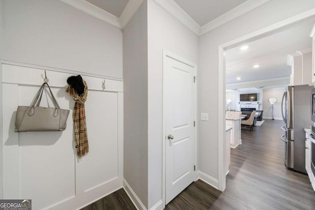 mudroom with crown molding and dark hardwood / wood-style flooring