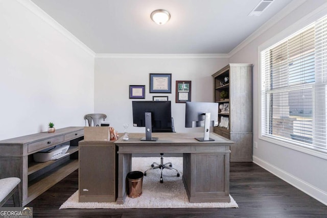 office featuring crown molding, dark hardwood / wood-style floors, and plenty of natural light