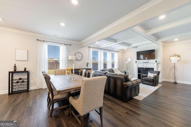 dining space with beamed ceiling, plenty of natural light, dark hardwood / wood-style flooring, and crown molding