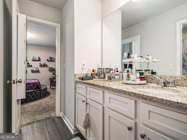 bathroom with hardwood / wood-style floors and vanity