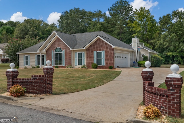 single story home featuring a garage and a front lawn