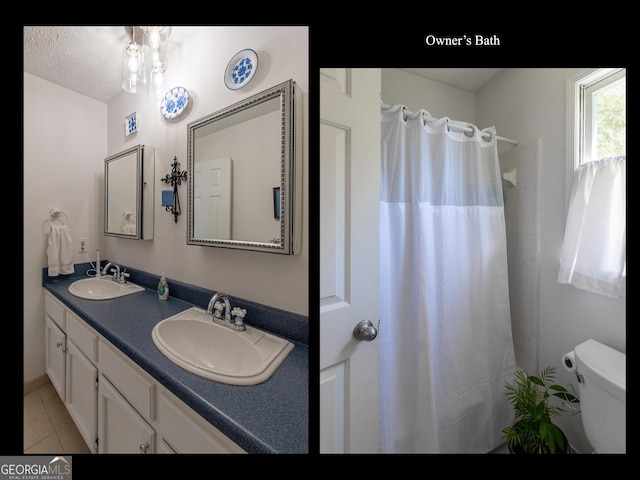 7 Stonehaven Dr, Newnan, GA 30265 - bathroom featuring toilet, double vanity, tile patterned floors, a shower with curtain, and a textured ceiling