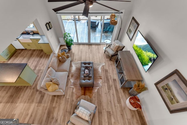 living room featuring light hardwood / wood-style floors and a high ceiling