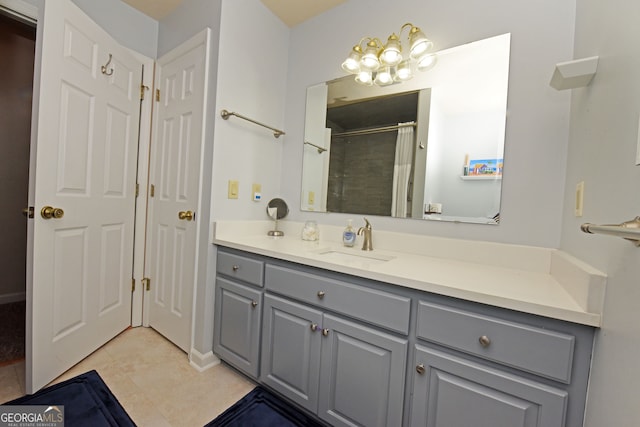 bathroom with vanity, tile patterned flooring, and a shower with shower curtain