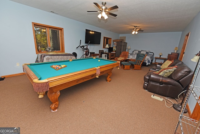 rec room featuring carpet, a textured ceiling, billiards, and ceiling fan