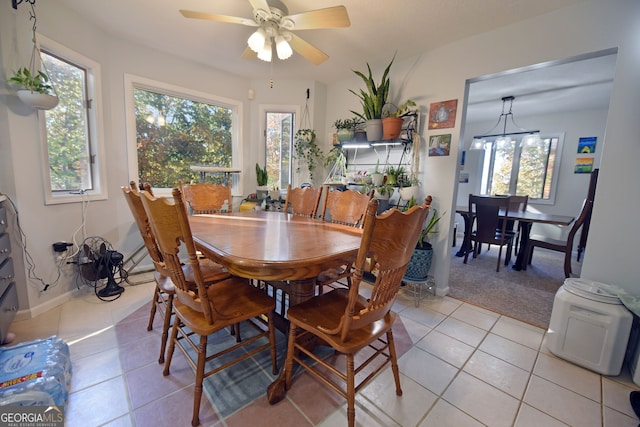 tiled dining area featuring ceiling fan and a wealth of natural light