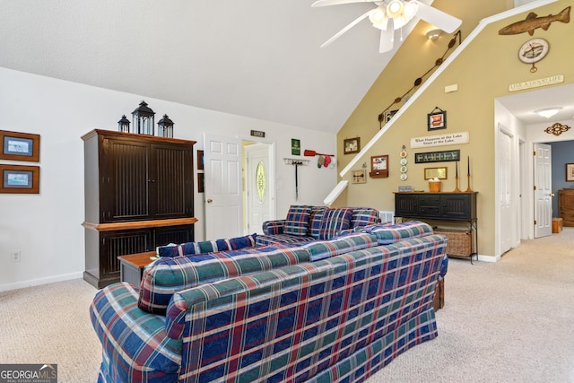 living room with lofted ceiling, light carpet, and ceiling fan