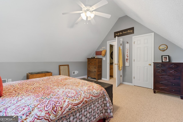 carpeted bedroom with lofted ceiling and ceiling fan