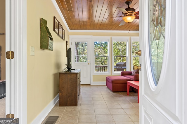 sunroom featuring ceiling fan and wood ceiling