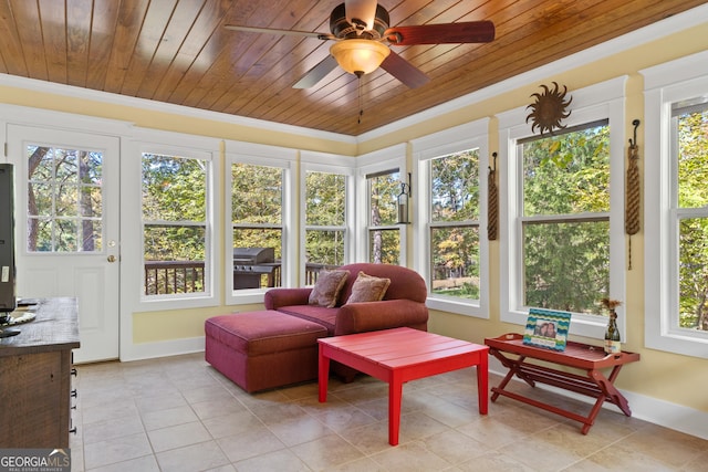 sunroom featuring ceiling fan and wood ceiling