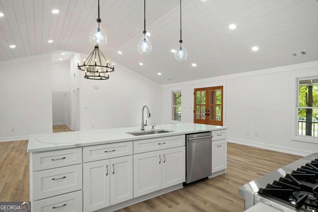 kitchen with wood ceiling, vaulted ceiling, dishwasher, a sink, and visible vents