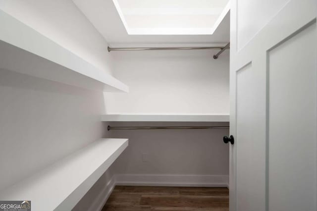 walk in closet featuring dark wood-style flooring