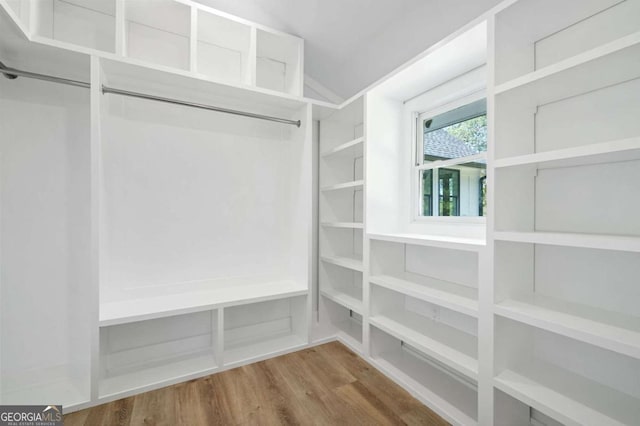 walk in closet with lofted ceiling and wood finished floors