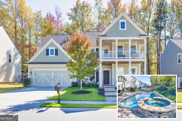 craftsman-style house with an in ground hot tub, a balcony, a front lawn, and a garage