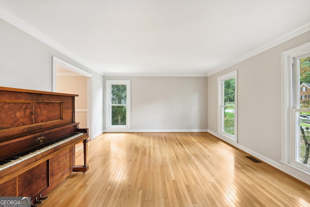 miscellaneous room featuring light hardwood / wood-style floors and ornamental molding