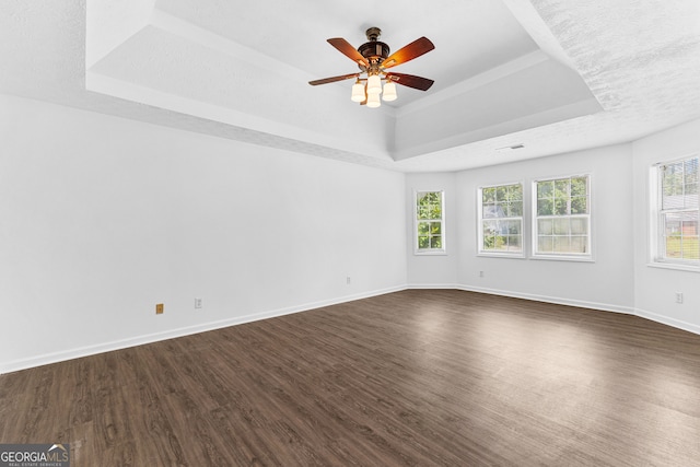 spare room with a wealth of natural light, a tray ceiling, and dark hardwood / wood-style flooring