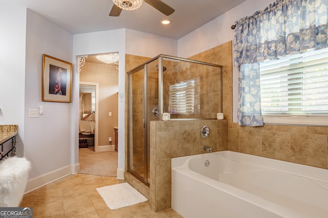 bathroom with vanity, separate shower and tub, ceiling fan, and tile patterned floors