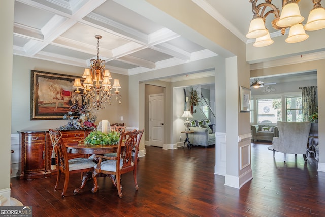 dining room featuring coffered ceiling, dark hardwood / wood-style floors, beam ceiling, ornamental molding, and ceiling fan with notable chandelier