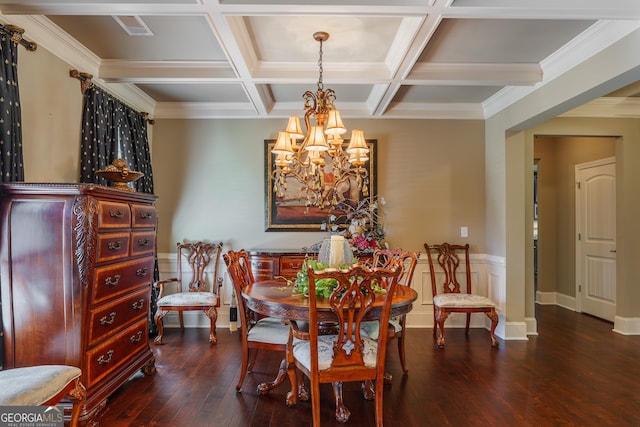 dining space featuring beamed ceiling, coffered ceiling, a notable chandelier, and dark hardwood / wood-style floors