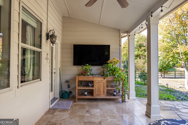 view of patio with a porch and ceiling fan