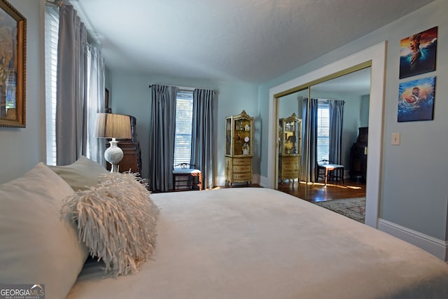 bedroom with multiple windows, a closet, and hardwood / wood-style flooring