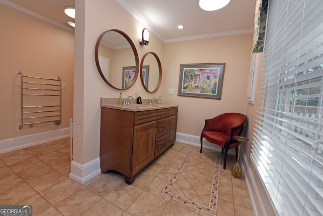 bathroom with vanity, crown molding, and radiator heating unit