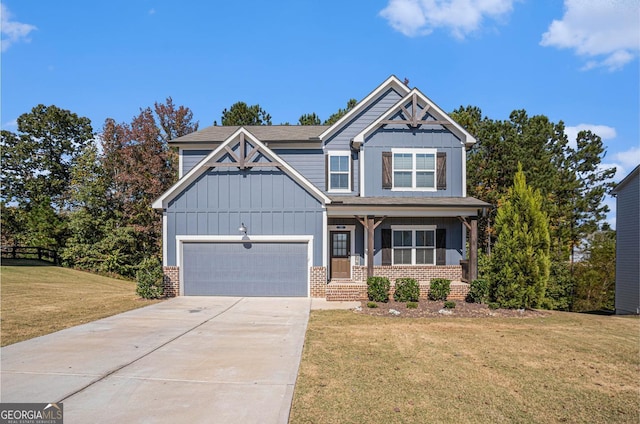 craftsman-style home with a porch, a front yard, and a garage