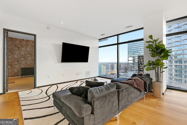 living room with light hardwood / wood-style flooring and floor to ceiling windows