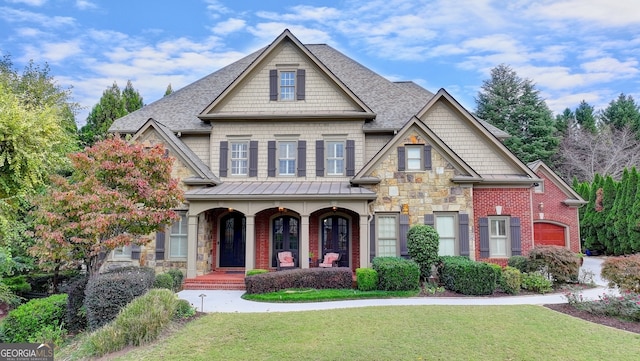 craftsman house featuring covered porch and a front lawn