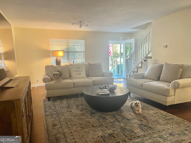 living room with a textured ceiling and dark hardwood / wood-style flooring