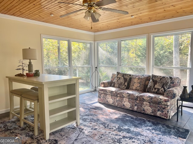 sunroom featuring wood ceiling, a healthy amount of sunlight, and ceiling fan