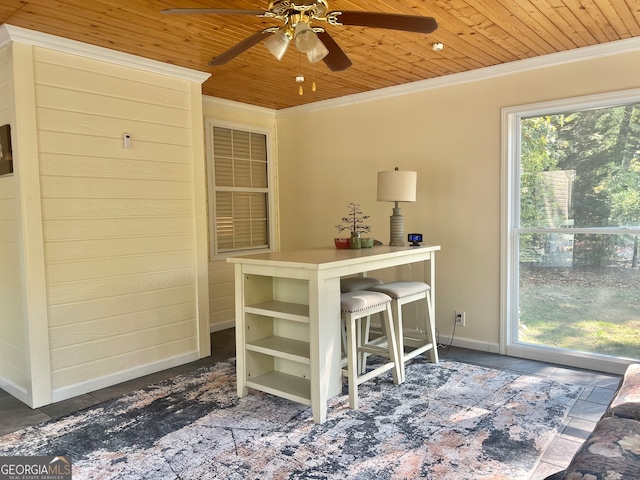 interior space with wood ceiling, ornamental molding, and ceiling fan