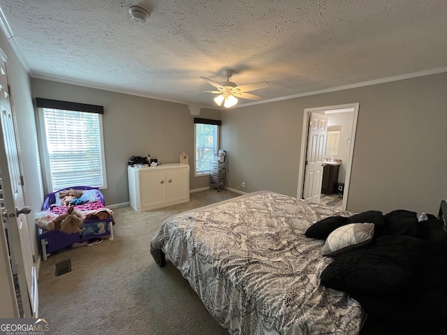 bedroom featuring ceiling fan, crown molding, multiple windows, and carpet floors