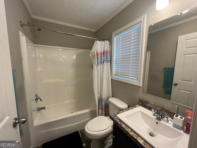 full bathroom with a textured ceiling, shower / bathtub combination with curtain, toilet, ornamental molding, and vanity