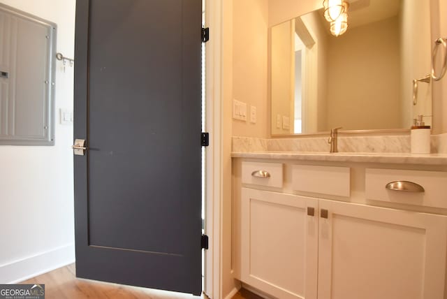 bathroom with vanity, electric panel, and hardwood / wood-style floors