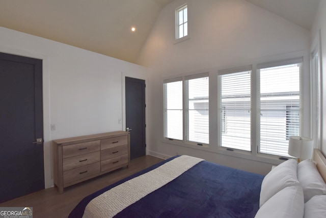 bedroom featuring high vaulted ceiling and dark hardwood / wood-style floors